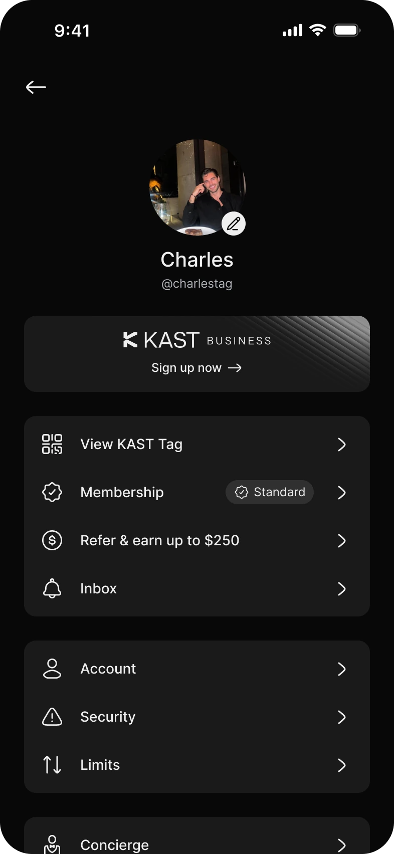 The KAST app settings screen, with the KAST Business sign-up banner highlighted.