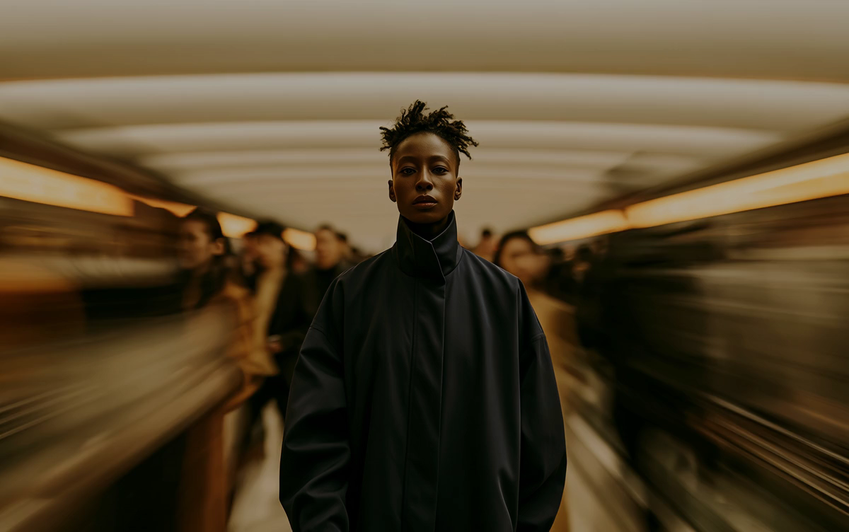 A commuter standing still as a station blurs around them